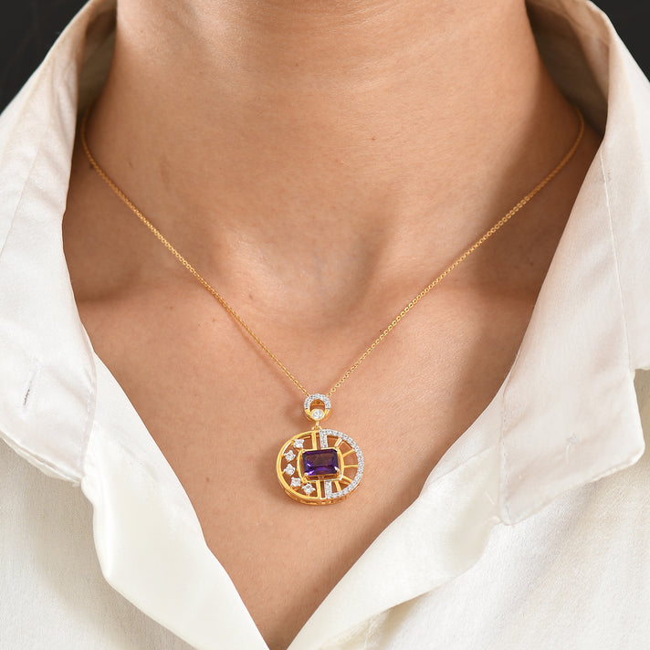 D'Joy - AAA Zambian Amethyst &amp; White Zircon Geometric Circle Pendant with Chain (Size 20) in Yellow Gold Plated Sterling Silver 2.00 Ct. 4479650 2