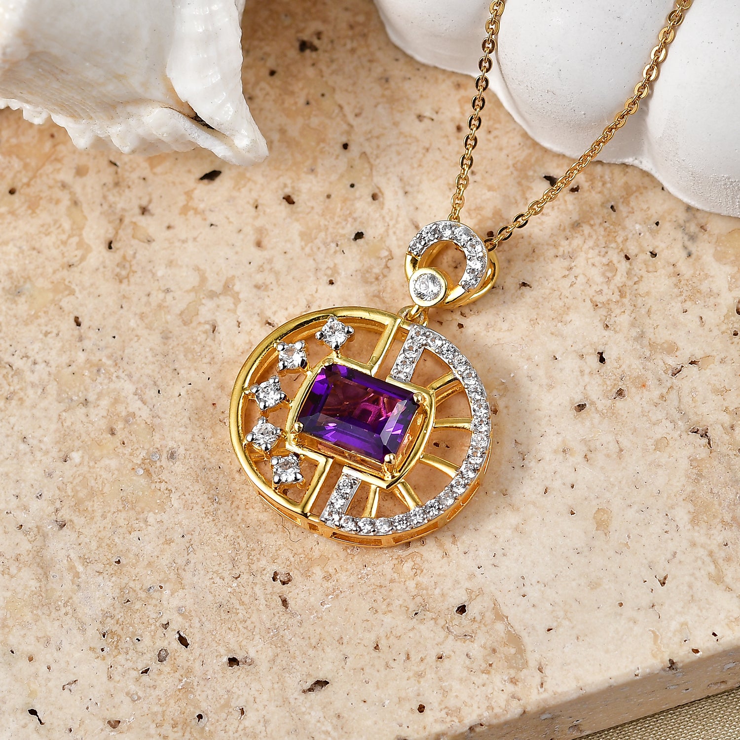 D'Joy - AAA Zambian Amethyst &amp; White Zircon Geometric Circle Pendant with Chain (Size 20) in Yellow Gold Plated Sterling Silver 2.00 Ct. 4479650 3