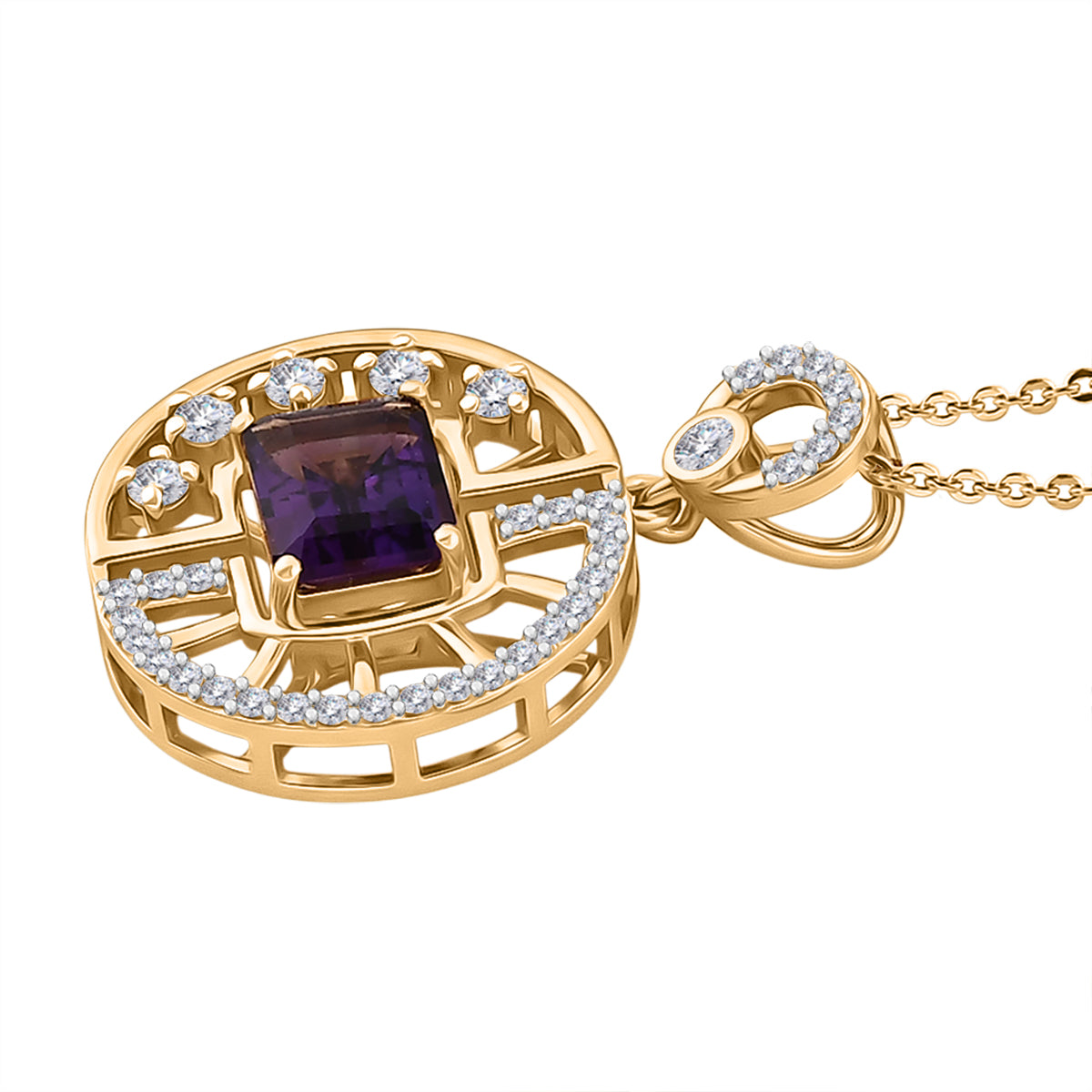 D'Joy - AAA Zambian Amethyst &amp; White Zircon Geometric Circle Pendant with Chain (Size 20) in Yellow Gold Plated Sterling Silver 2.00 Ct. 4479650 4