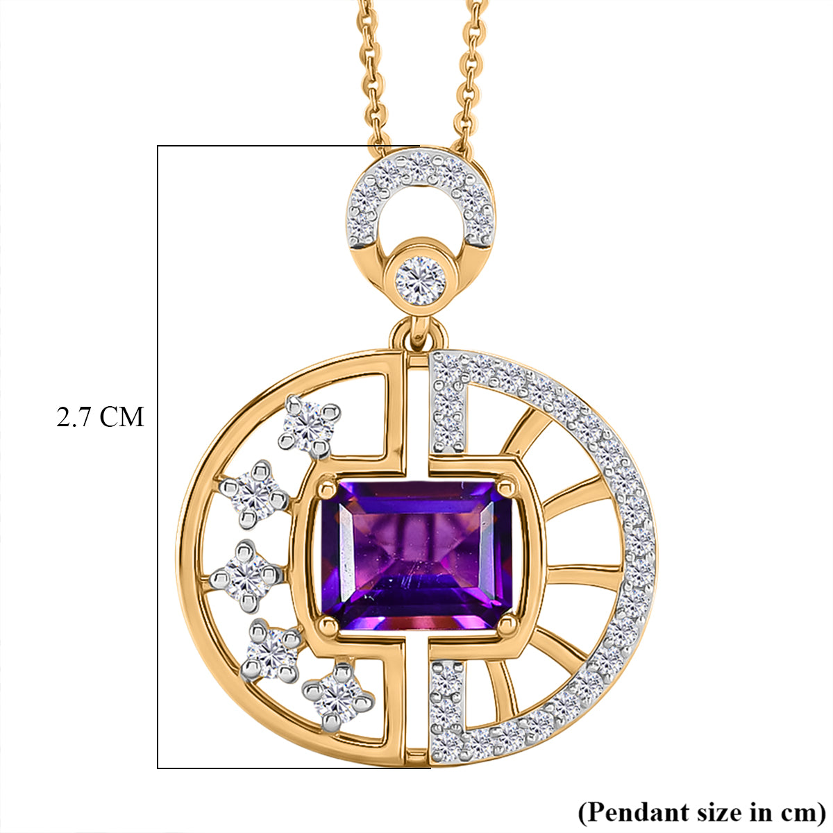 D'Joy - AAA Zambian Amethyst &amp; White Zircon Geometric Circle Pendant with Chain (Size 20) in Yellow Gold Plated Sterling Silver 2.00 Ct. 4479650 7
