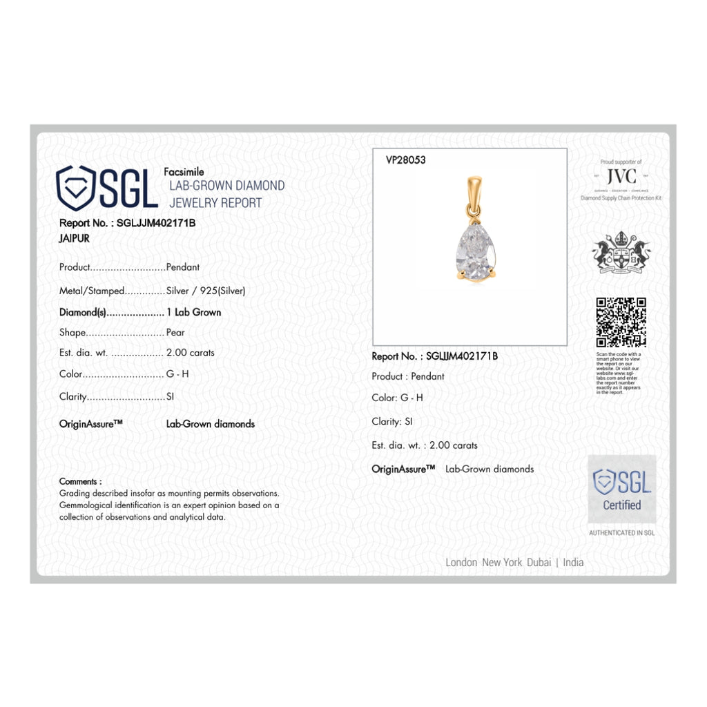 Luxuriant - SGL Certified Lab Grown Diamond (SI/G-H) Solitaire Pendant with Chain (Size 20) in 18K Vermeil Yellow Gold Plated Sterling Silver 2.00 Ct._4480308_4