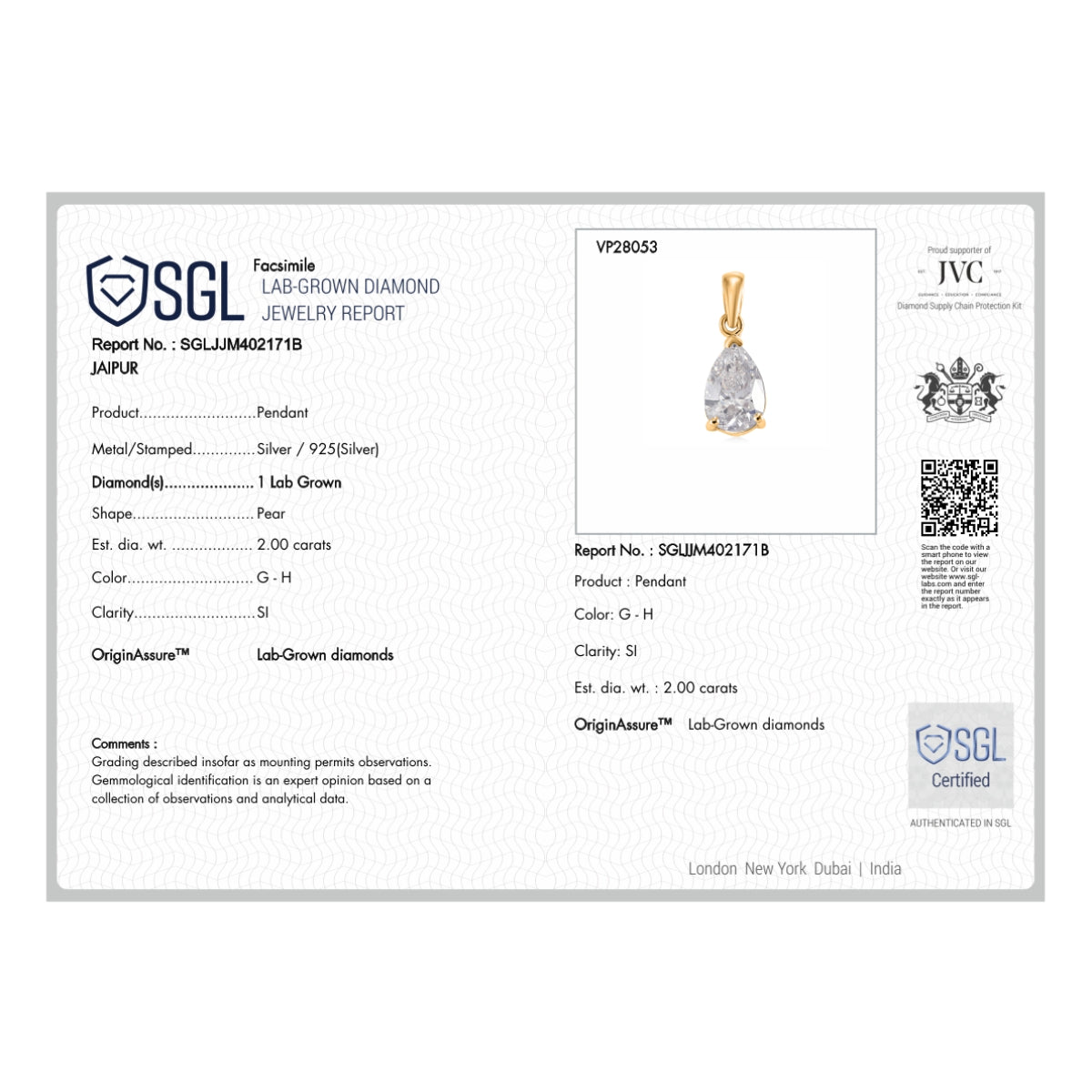 Luxuriant - SGL Certified Lab Grown Diamond (SI/G-H) Solitaire Pendant with Chain (Size 20) in 18K Vermeil Yellow Gold Plated Sterling Silver 2.00 Ct. 4480308 4