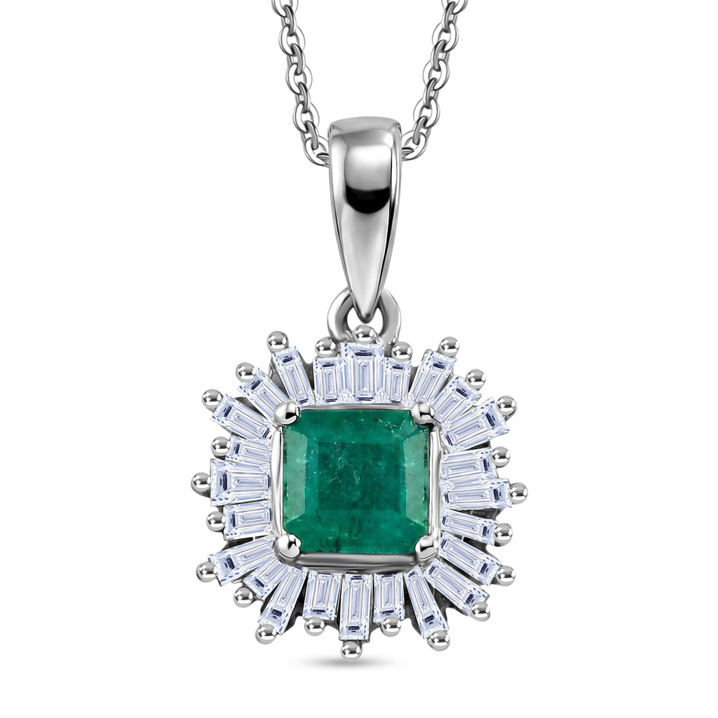 Luxuriant - AAA Premium Zambian Emerald & Lab Grown Diamond (SI/G-H) Halo Pendant with Chain (Size 20) in Rhodium Overlay Sterling Silver 1.12 Ct._4480376