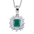 Luxuriant - AAA Premium Zambian Emerald & Lab Grown Diamond (SI/G-H) Halo Pendant with Chain (Size 20) in Rhodium Overlay Sterling Silver 1.12 Ct._4480376