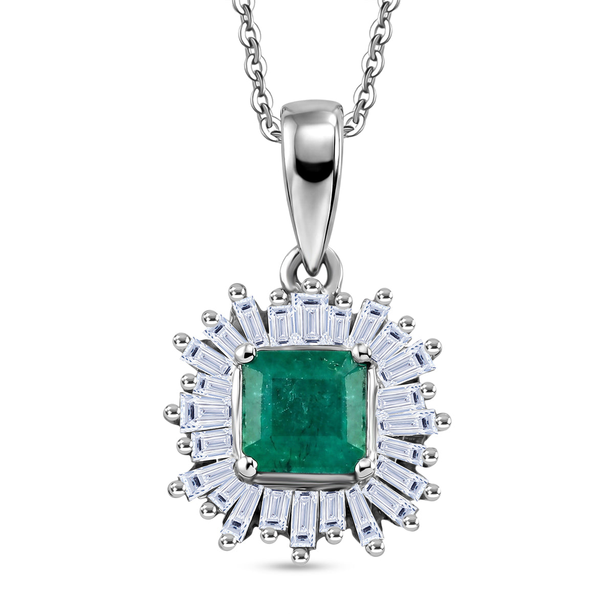 Luxuriant - AAA Premium Zambian Emerald &amp; Lab Grown Diamond (SI-G-H) Halo Pendant with Chain (Size 20) in Rhodium Overlay Sterling Silver 1.12 Ct. 4480376 0