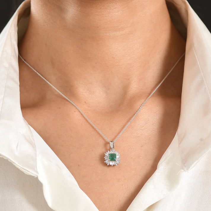 Luxuriant - AAA Premium Zambian Emerald &amp; Lab Grown Diamond (SI-G-H) Halo Pendant with Chain (Size 20) in Rhodium Overlay Sterling Silver 1.12 Ct. 4480376 2