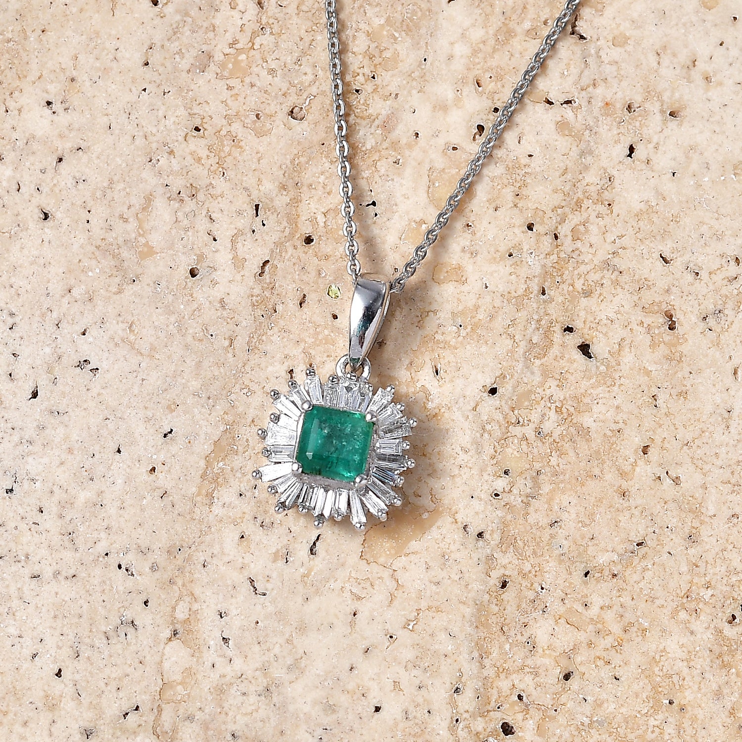 Luxuriant - AAA Premium Zambian Emerald &amp; Lab Grown Diamond (SI-G-H) Halo Pendant with Chain (Size 20) in Rhodium Overlay Sterling Silver 1.12 Ct. 4480376 3
