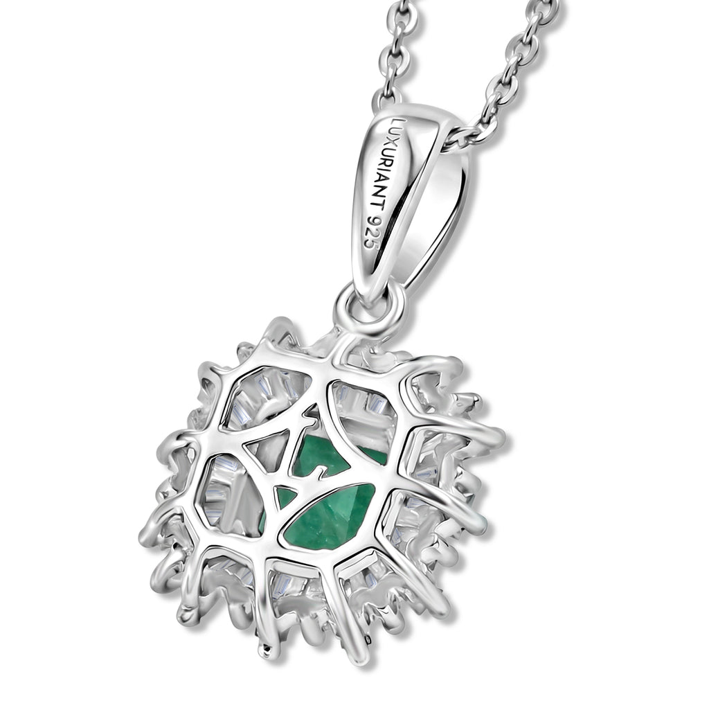 Luxuriant - AAA Premium Zambian Emerald & Lab Grown Diamond (SI/G-H) Halo Pendant with Chain (Size 20) in Rhodium Overlay Sterling Silver 1.12 Ct._4480376_4