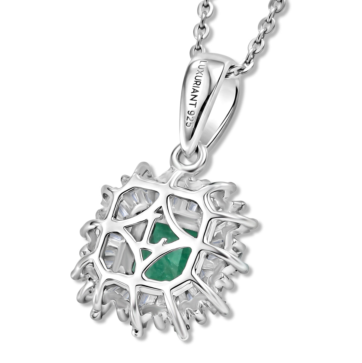 Luxuriant - AAA Premium Zambian Emerald &amp; Lab Grown Diamond (SI-G-H) Halo Pendant with Chain (Size 20) in Rhodium Overlay Sterling Silver 1.12 Ct. 4480376 5