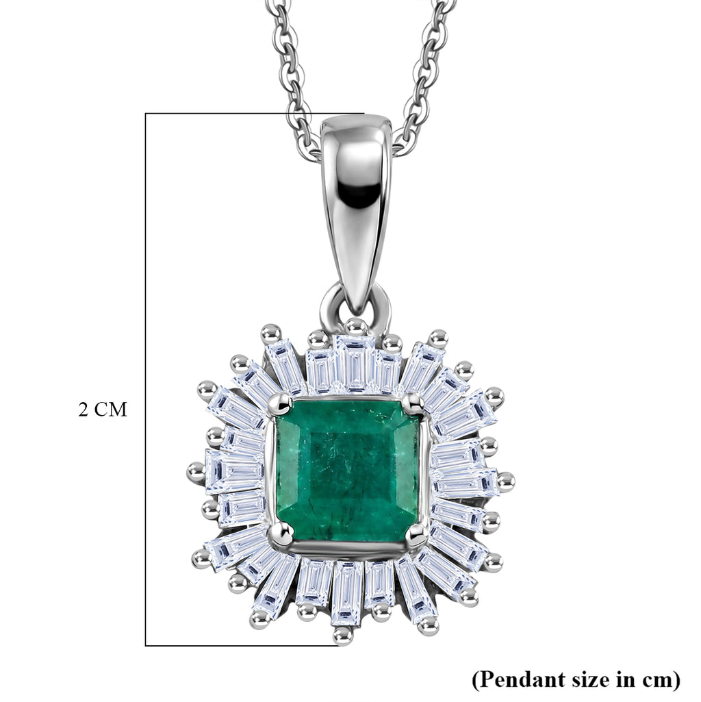 Luxuriant - AAA Premium Zambian Emerald & Lab Grown Diamond (SI/G-H) Halo Pendant with Chain (Size 20) in Rhodium Overlay Sterling Silver 1.12 Ct._4480376_5