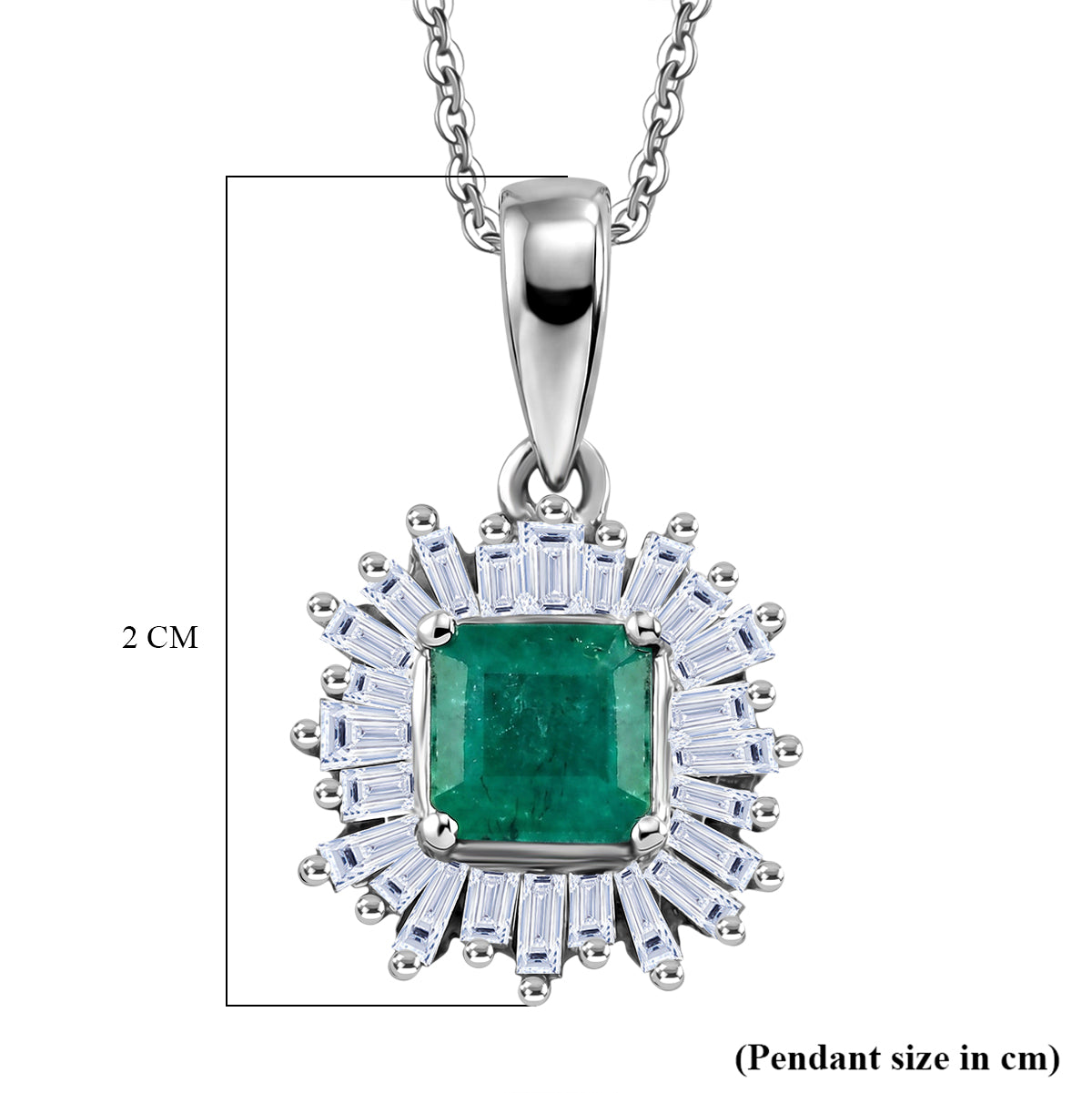 Luxuriant - AAA Premium Zambian Emerald &amp; Lab Grown Diamond (SI-G-H) Halo Pendant with Chain (Size 20) in Rhodium Overlay Sterling Silver 1.12 Ct. 4480376 6