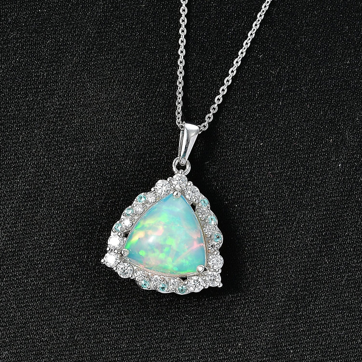 Ethiopian Opal,  Moissanite,  Paraiba Tourmaline Pendant with Torn Chain 19DC (Size 18) in Rhodium Overlay Sterling Silver 0.59 ct  4.140  Ct. 4480893 1