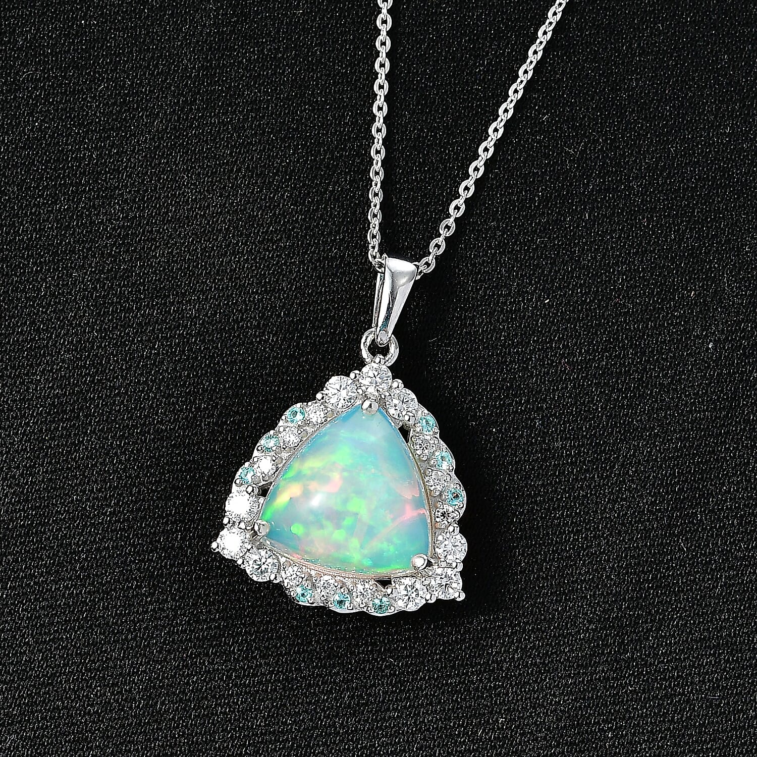 Ethiopian Opal,  Moissanite,  Paraiba Tourmaline Pendant with Torn Chain 19DC (Size 18) in Rhodium Overlay Sterling Silver 0.59 ct  4.140  Ct. 4480893 1