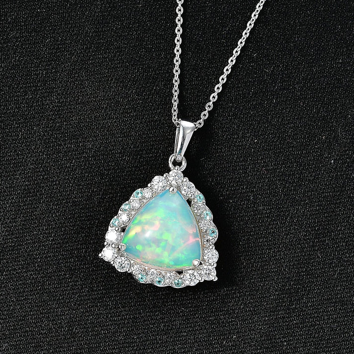 Ethiopian Opal,  Moissanite,  Paraiba Tourmaline Pendant with Torn Chain 19DC (Size 18) in Rhodium Overlay Sterling Silver 0.59 ct  4.140  Ct. 4480893 2