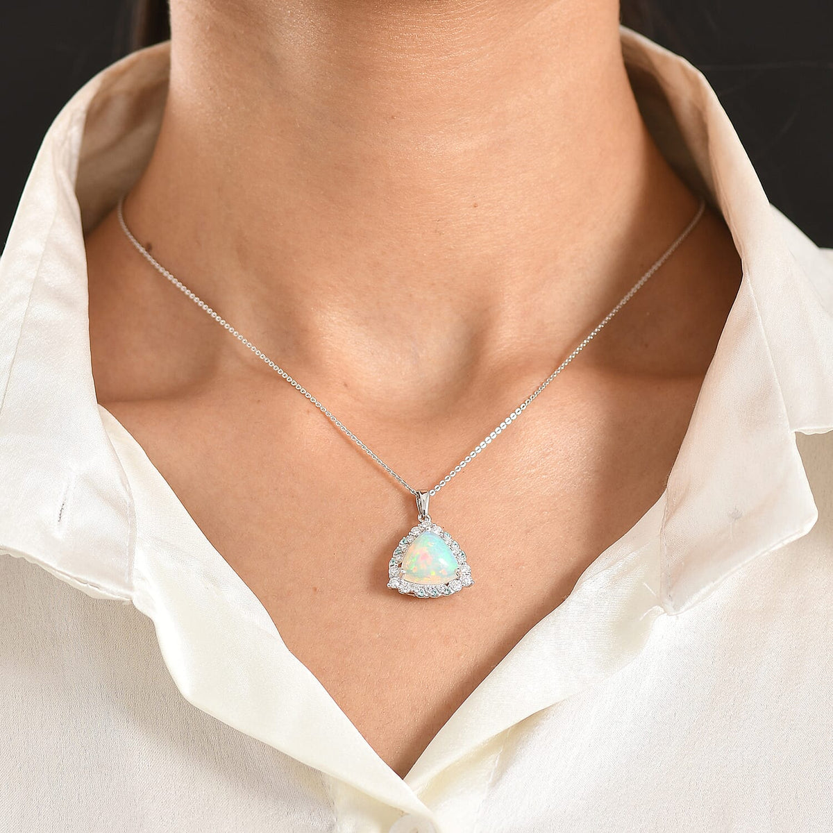 Ethiopian Opal,  Moissanite,  Paraiba Tourmaline Pendant with Torn Chain 19DC (Size 18) in Rhodium Overlay Sterling Silver 0.59 ct  4.140  Ct. 4480893 2