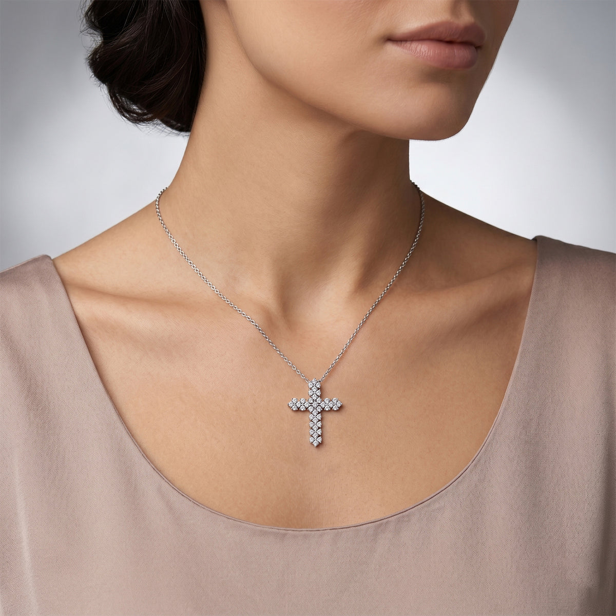 LUXURIANT 1 Ct. Lab Grown Diamond Cross Pendant with (Size 18-2 Ext) in Rhodium Overlay Sterling Silver (SI-G-H) V32601543 2
