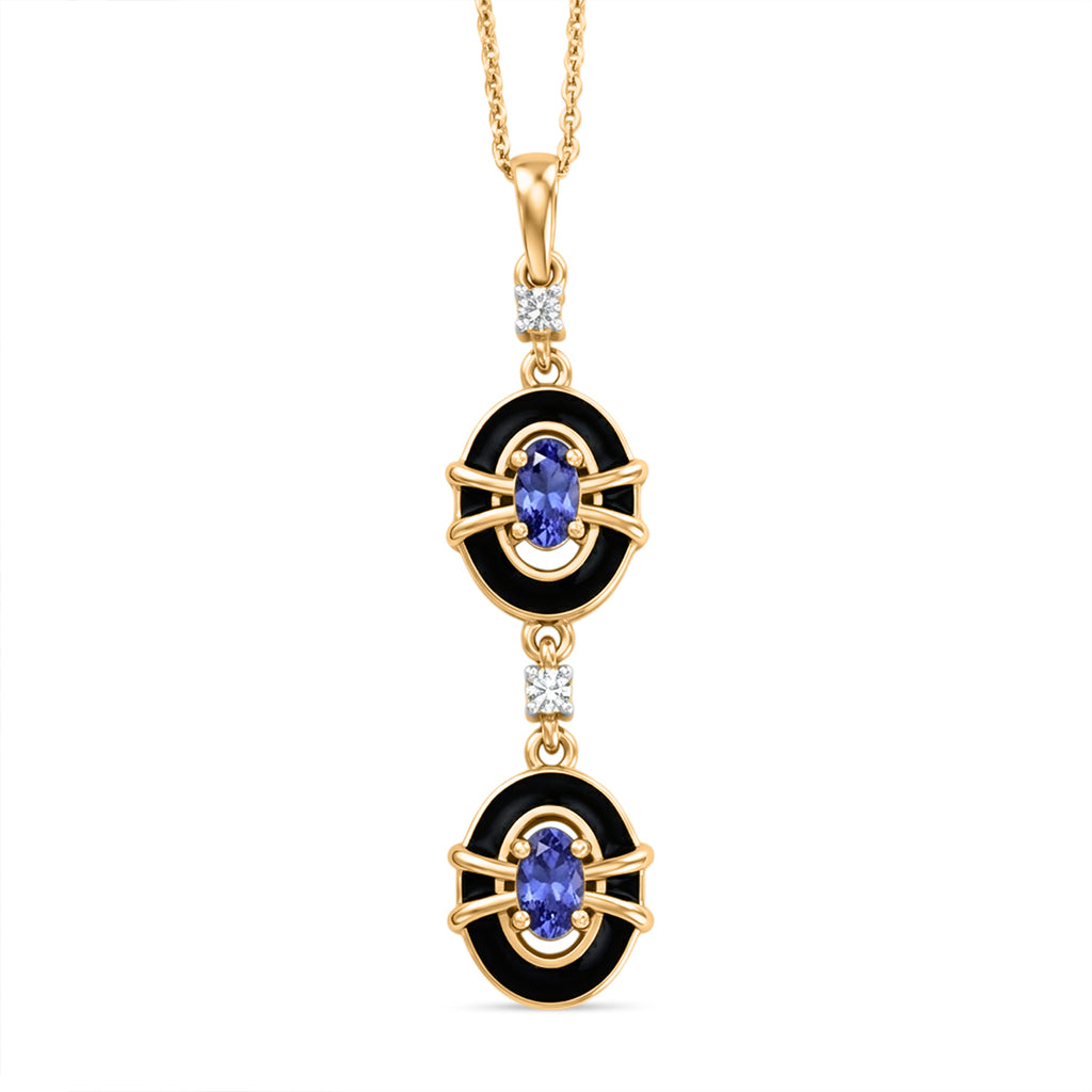 D'Joy - Tanzanite & White Zircon Drop Pendant with Chain (Size 20) in 18K Vermeil Yellow Gold Plated Sterling Silver_4481402