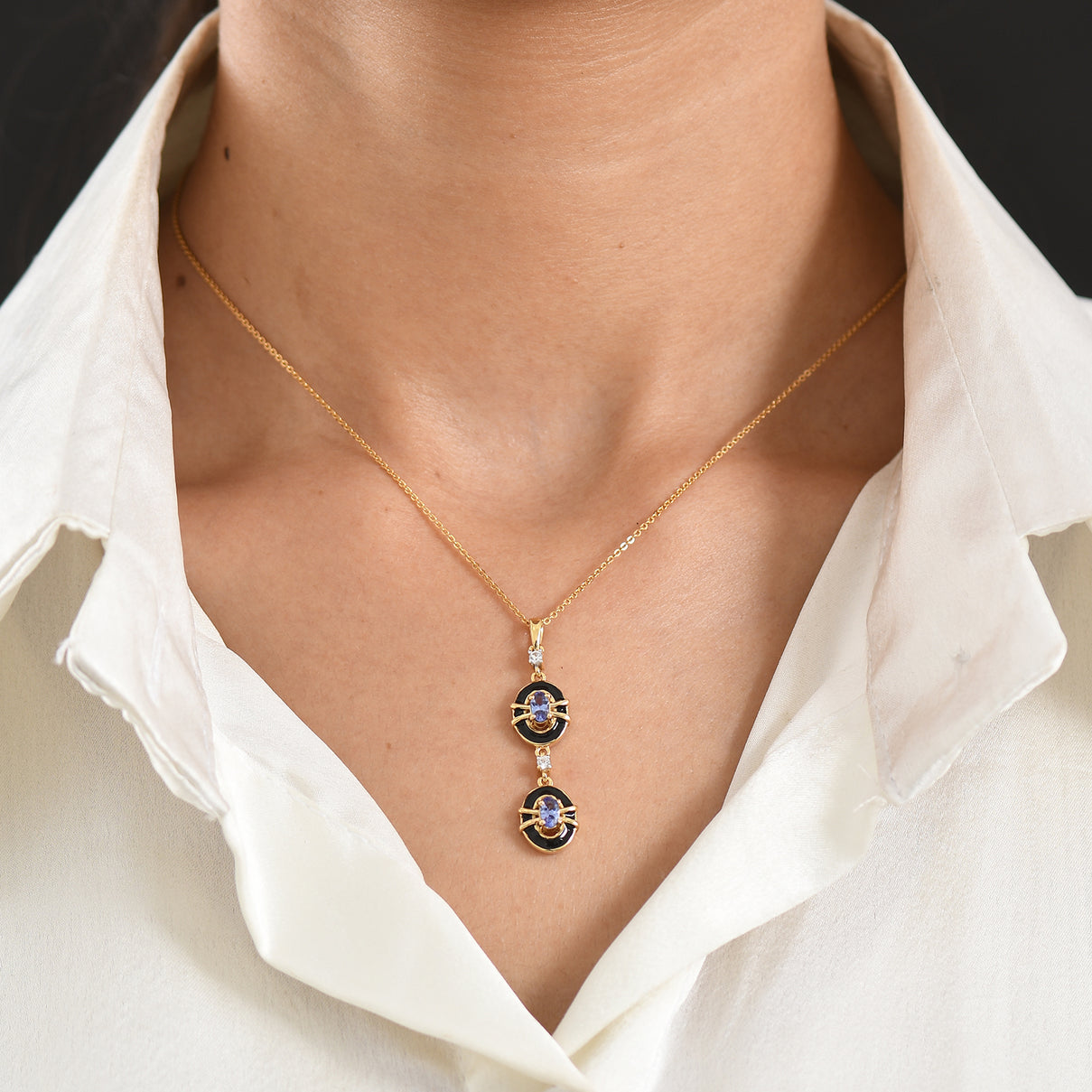 D'Joy - Tanzanite &amp; White Zircon Drop Pendant with Chain (Size 20) in 18K Vermeil Yellow Gold Plated Sterling Silver V32528567 2