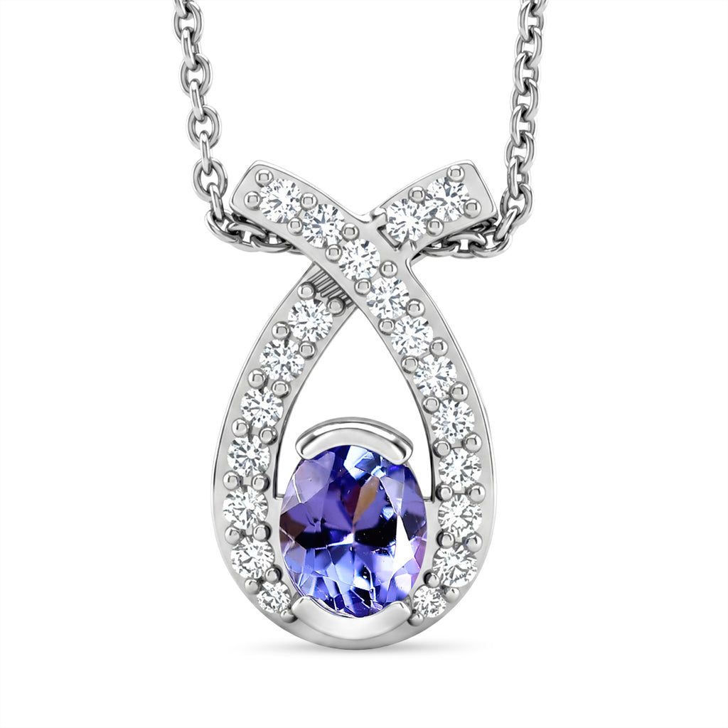 D'Joy - Tanzanite & White Zircon Drop Pendant with Chain (Size 20) in Platinum Overlay Sterling Silver_4481404