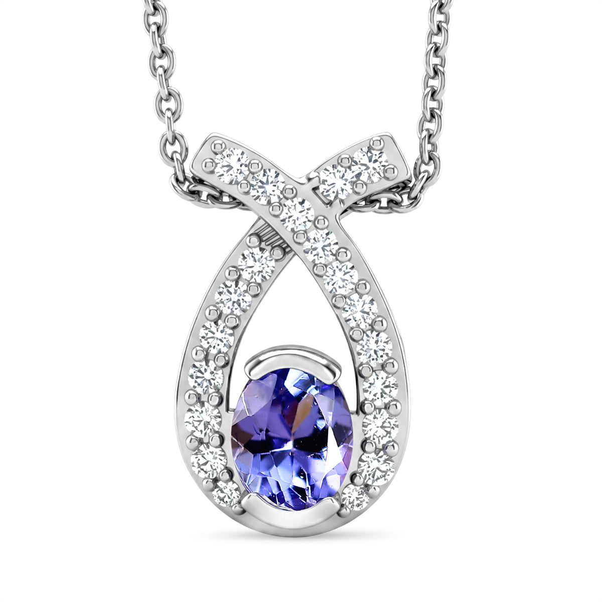 D'Joy - Tanzanite &amp; White Zircon Drop Pendant with Chain (Size 20) in Platinum Overlay Sterling Silver V32514845 0