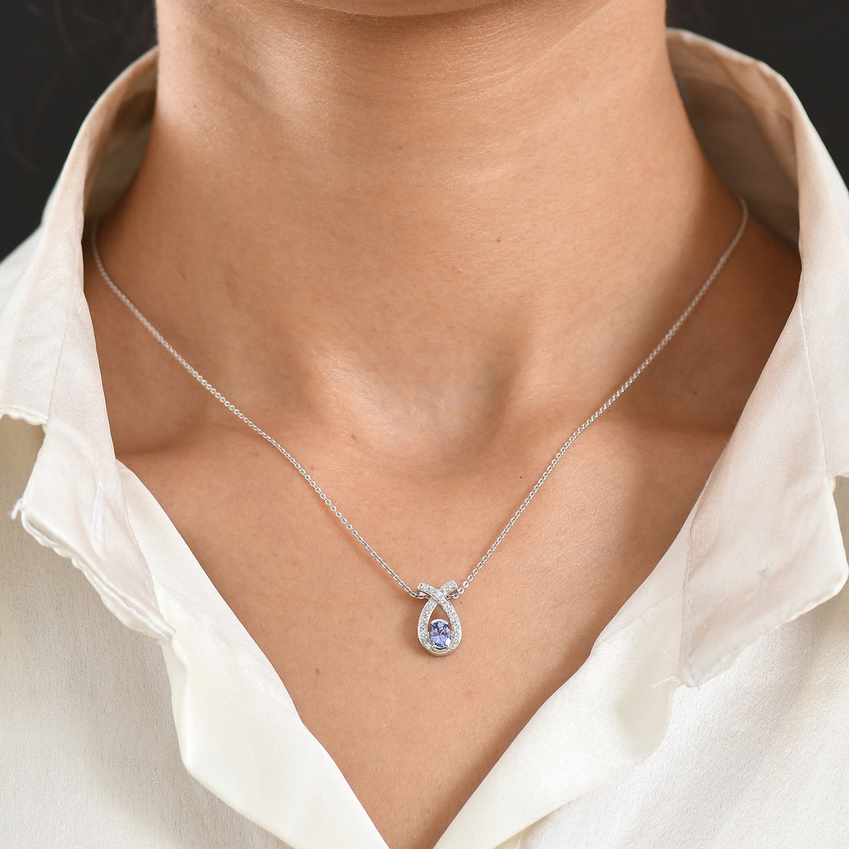 D'Joy - Tanzanite &amp; White Zircon Drop Pendant with Chain (Size 20) in Platinum Overlay Sterling Silver V32514845 2