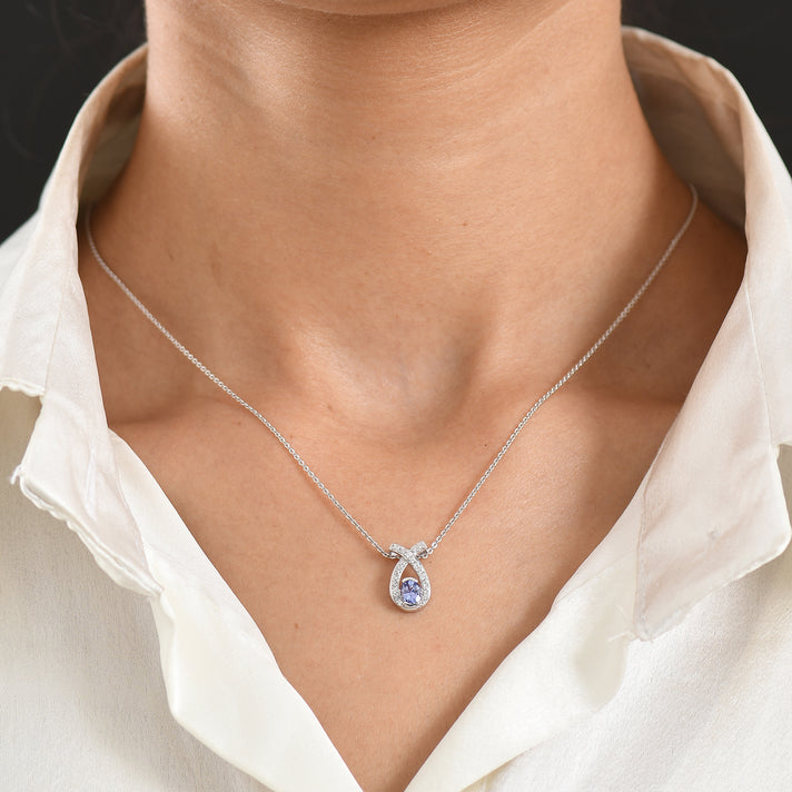 D'Joy - Tanzanite &amp; White Zircon Drop Pendant with Chain (Size 20) in Platinum Overlay Sterling Silver 4481404 2