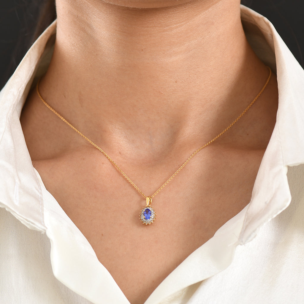 Tanzanite,  Champagne Diamond,  White Diamond Pendant with Chain (Size 20) in 18K YG Vermeil Sterling Silver 0.16 ct  0.640  Ct._4481406_1