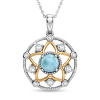 D'Joy - Natural Larimar & White Zircon Floral Pendant with Chain (Size 20) in Platinum Overlay & Yellow Gold Plated Sterling Silver 1.40 Ct._4481615