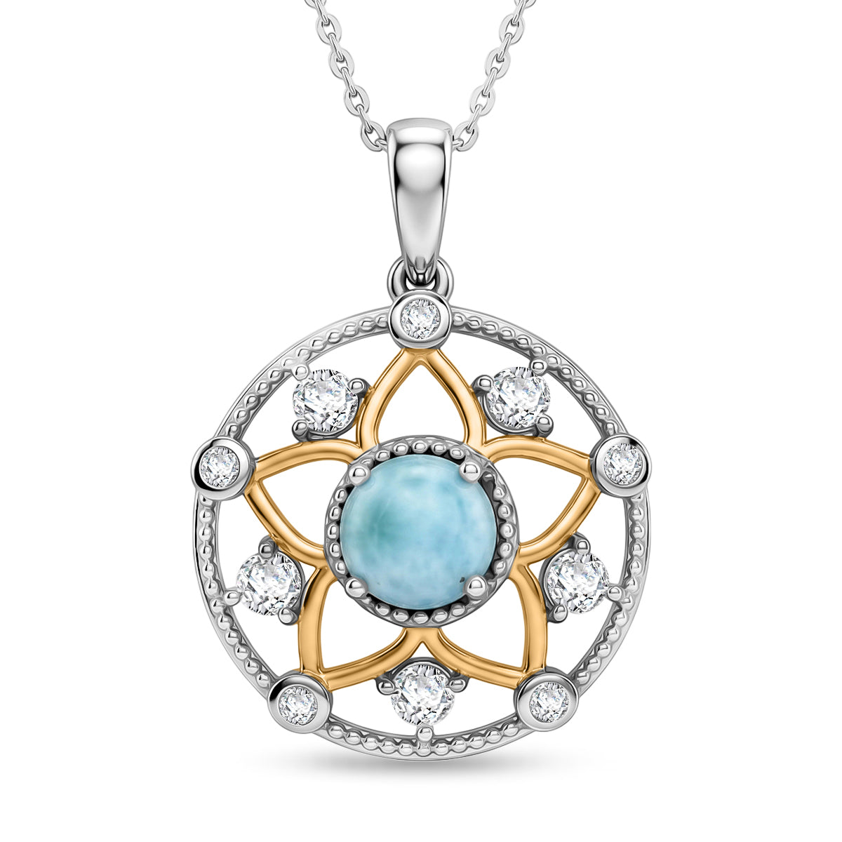 D'Joy - Natural Larimar &amp; White Zircon Floral Pendant with Chain (Size 20) in Platinum Overlay &amp; Yellow Gold Plated Sterling Silver 1.40 Ct. V32513287 0