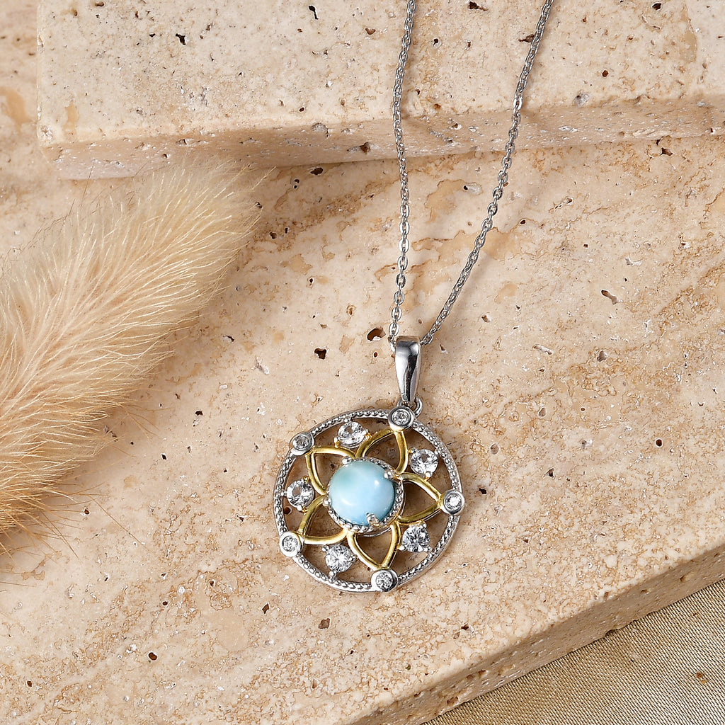 D'Joy - Natural Larimar & White Zircon Floral Pendant with Chain (Size 20) in Platinum Overlay & Yellow Gold Plated Sterling Silver 1.40 Ct._4481615_2