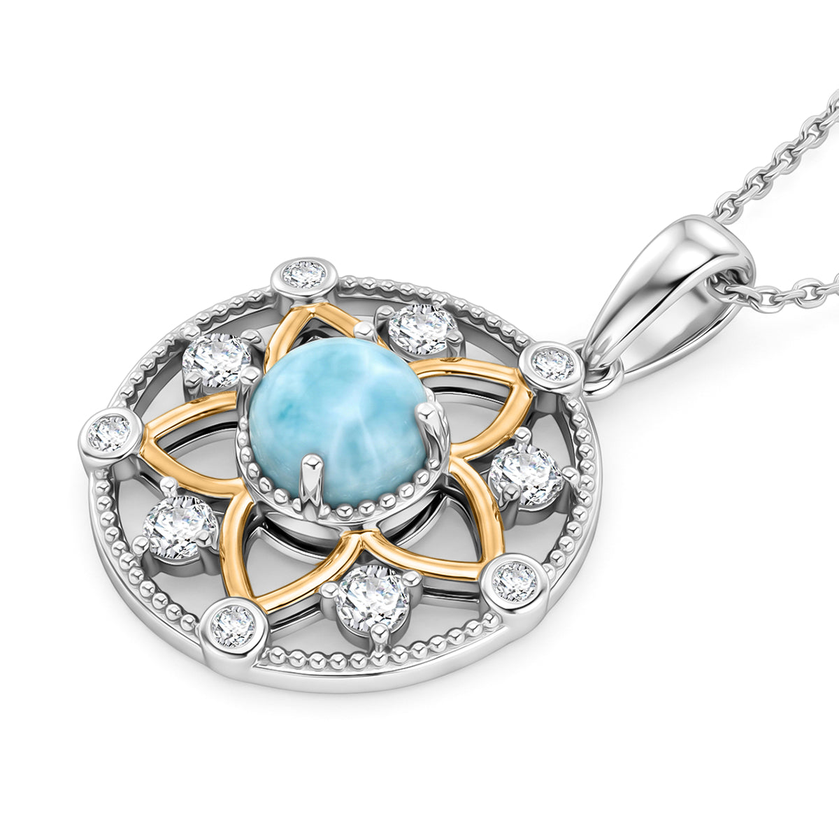 D'Joy - Natural Larimar &amp; White Zircon Floral Pendant with Chain (Size 20) in Platinum Overlay &amp; Yellow Gold Plated Sterling Silver 1.40 Ct. V32513287 4