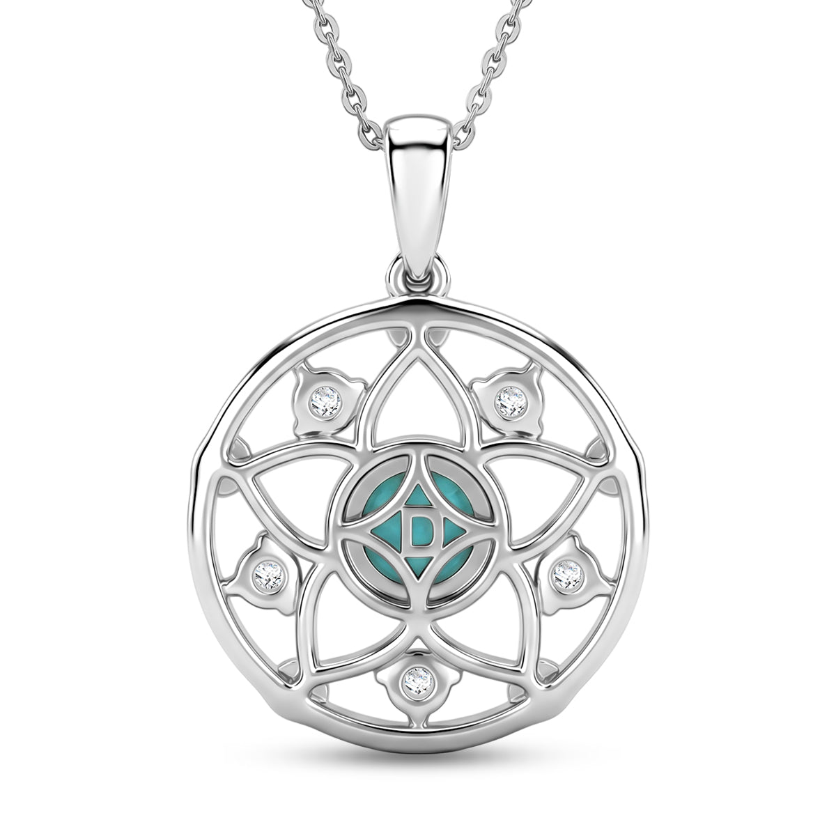 D'Joy - Natural Larimar &amp; White Zircon Floral Pendant with Chain (Size 20) in Platinum Overlay &amp; Yellow Gold Plated Sterling Silver 1.40 Ct. V32513287 5