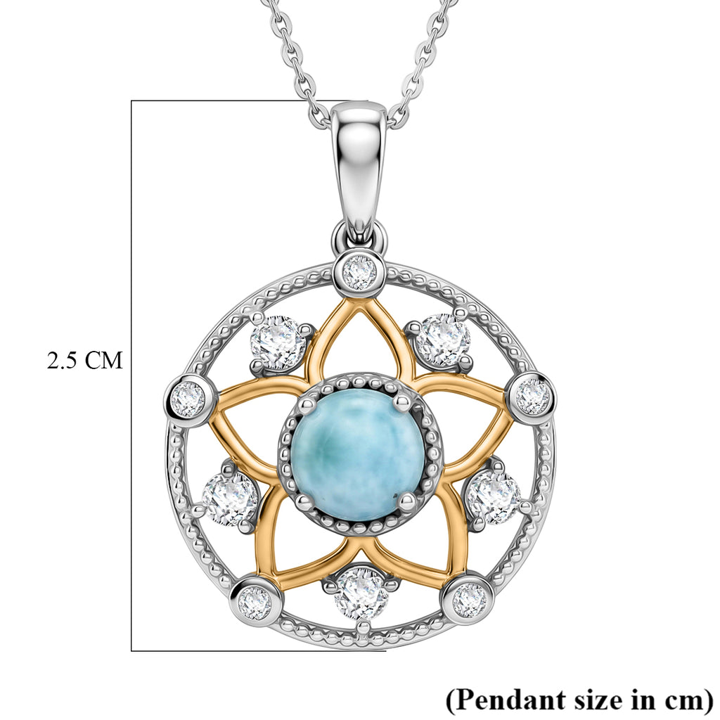 D'Joy - Natural Larimar & White Zircon Floral Pendant with Chain (Size 20) in Platinum Overlay & Yellow Gold Plated Sterling Silver 1.40 Ct._4481615_5
