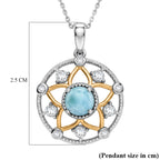 D'Joy - Natural Larimar & White Zircon Floral Pendant with Chain (Size 20) in Platinum Overlay & Yellow Gold Plated Sterling Silver 1.40 Ct._4481615_5