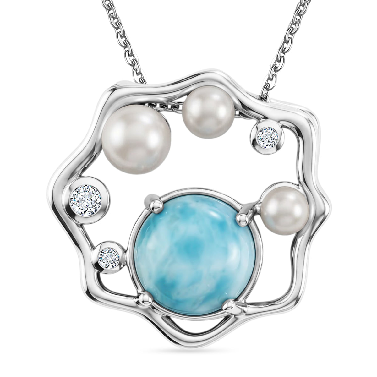 D'Joy - Natural Larimar, Fresh Water Pearl &amp; White Zircon Abstract Pendant with Chain (Size 20) in Platinum Overlay Sterling Silver 3.50 Ct. V32519577 0