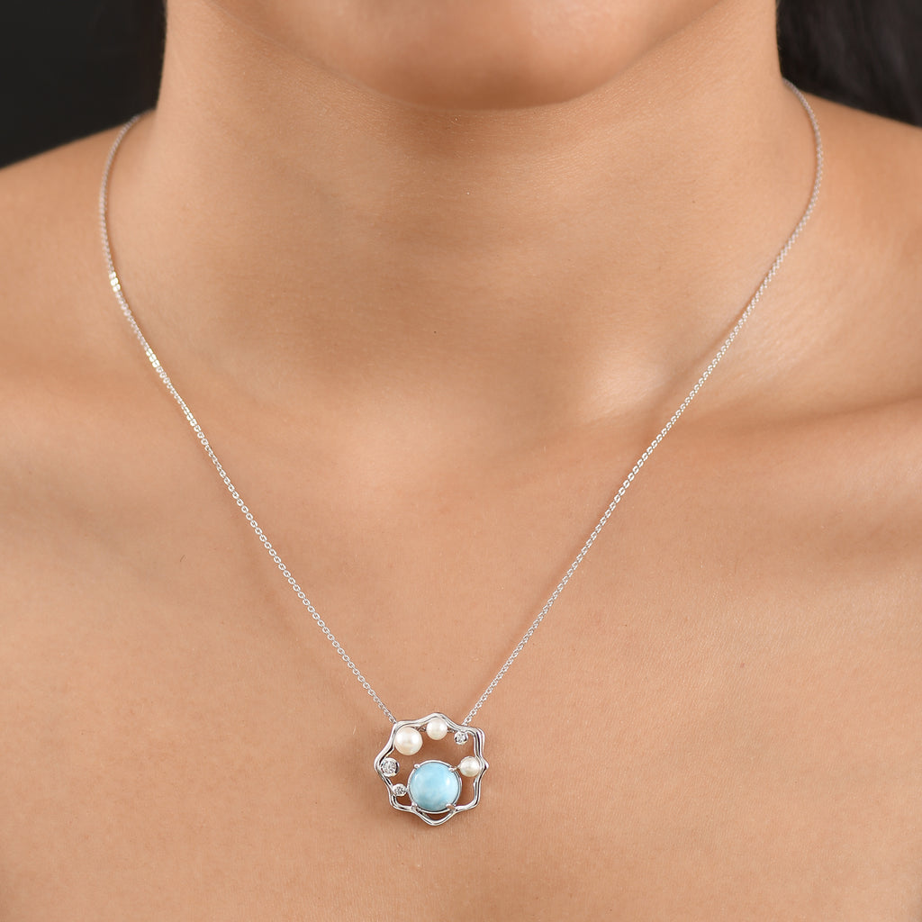 D'Joy - Natural Larimar, Fresh Water Pearl & White Zircon Abstract Pendant with Chain (Size 20) in Platinum Overlay Sterling Silver 3.50 Ct._4481622_1