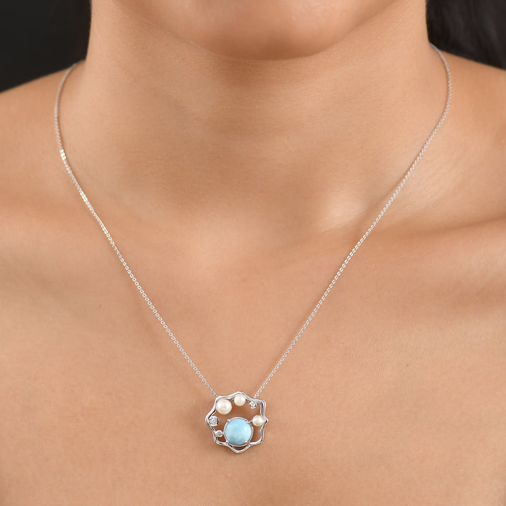D'Joy - Natural Larimar, Fresh Water Pearl &amp; White Zircon Abstract Pendant with Chain (Size 20) in Platinum Overlay Sterling Silver 3.50 Ct. 4481622 2