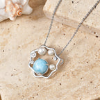 D'Joy - Natural Larimar, Fresh Water Pearl & White Zircon Abstract Pendant with Chain (Size 20) in Platinum Overlay Sterling Silver 3.50 Ct._4481622_2