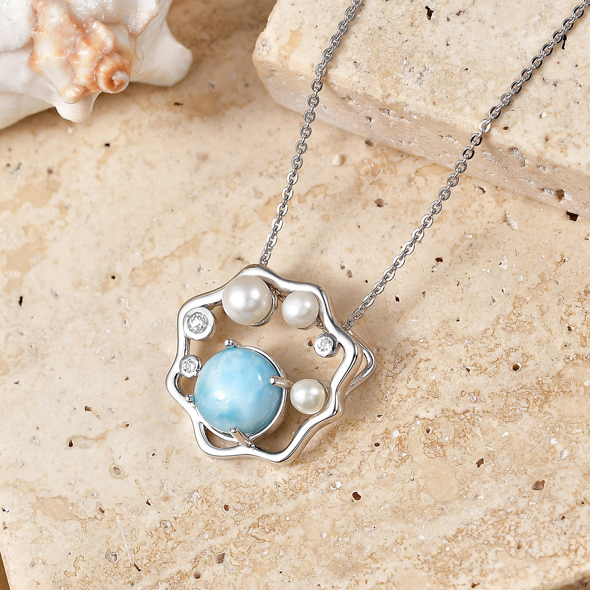 D'Joy - Natural Larimar, Fresh Water Pearl &amp; White Zircon Abstract Pendant with Chain (Size 20) in Platinum Overlay Sterling Silver 3.50 Ct. V32519577 3