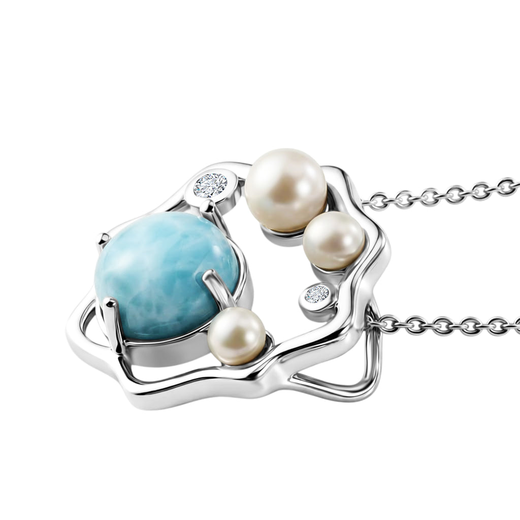 D'Joy - Natural Larimar, Fresh Water Pearl & White Zircon Abstract Pendant with Chain (Size 20) in Platinum Overlay Sterling Silver 3.50 Ct._4481622_3