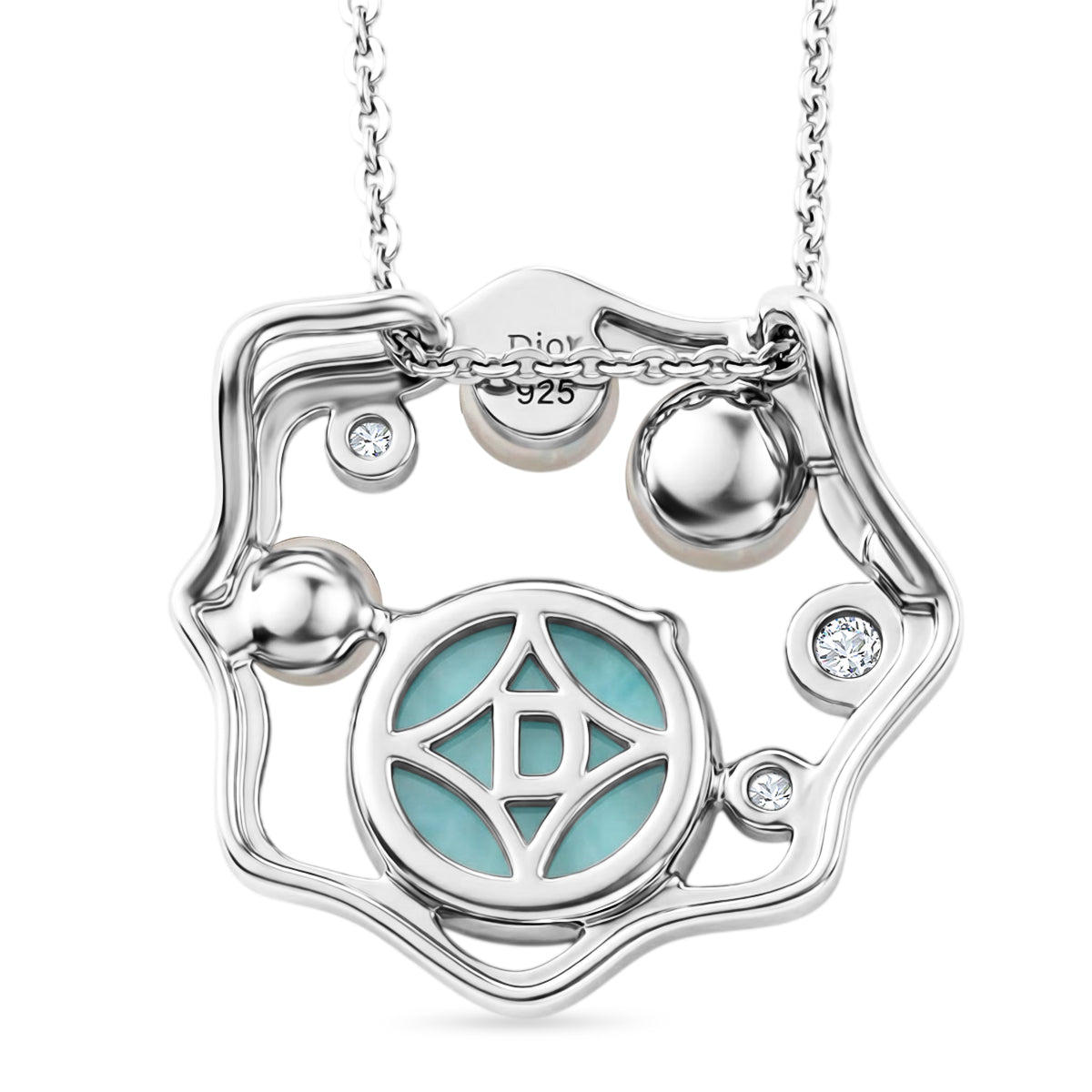 D'Joy - Natural Larimar, Fresh Water Pearl &amp; White Zircon Abstract Pendant with Chain (Size 20) in Platinum Overlay Sterling Silver 3.50 Ct. V32519577 5