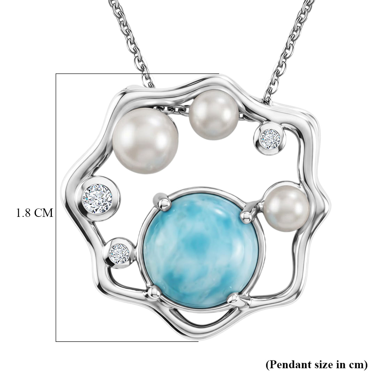 D'Joy - Natural Larimar, Fresh Water Pearl &amp; White Zircon Abstract Pendant with Chain (Size 20) in Platinum Overlay Sterling Silver 3.50 Ct. V32519577 6