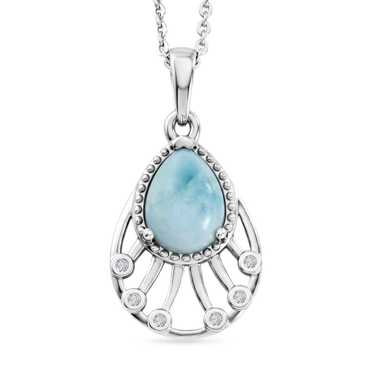 D'Joy - Natural Larimar &amp; White Zircon Radiant Drop Pendant with Chain (Size 20) in Platinum Overlay Sterling Silver 1.40 Ct. V32490061 0