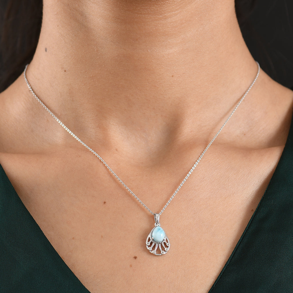 D'Joy - Natural Larimar & White Zircon Radiant Drop Pendant with Chain (Size 20) in Platinum Overlay Sterling Silver 1.40 Ct._4481623_1