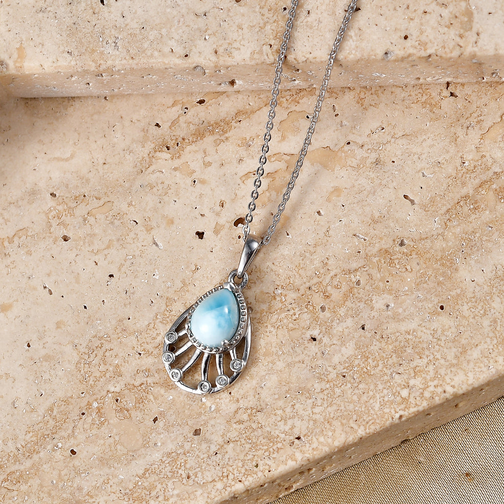 D'Joy - Natural Larimar & White Zircon Radiant Drop Pendant with Chain (Size 20) in Platinum Overlay Sterling Silver 1.40 Ct._4481623_2