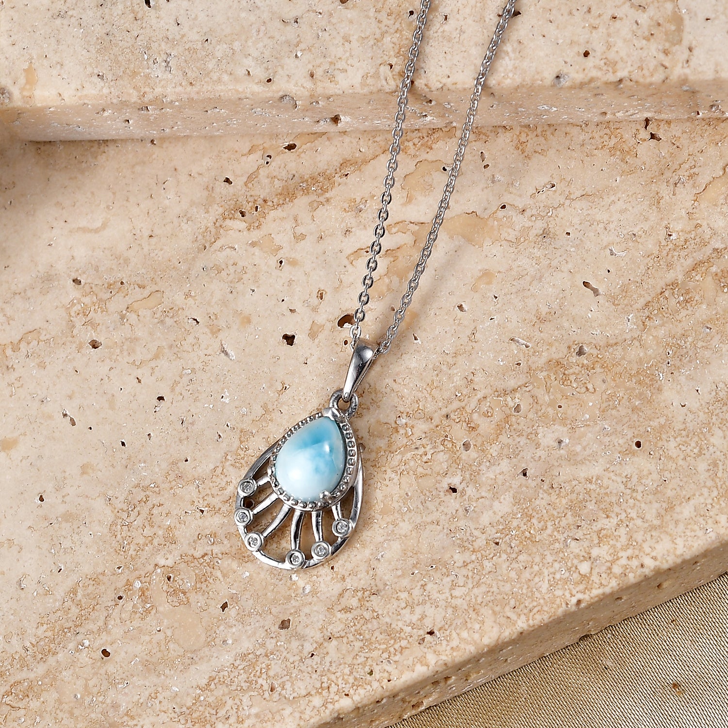 D'Joy - Natural Larimar &amp; White Zircon Radiant Drop Pendant with Chain (Size 20) in Platinum Overlay Sterling Silver 1.40 Ct. V32490061 3