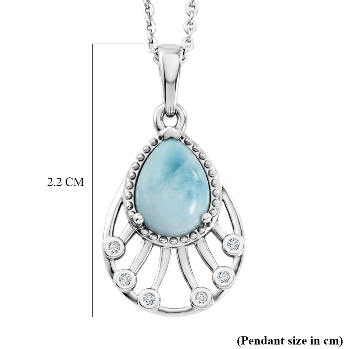 D'Joy - Natural Larimar &amp; White Zircon Radiant Drop Pendant with Chain (Size 20) in Platinum Overlay Sterling Silver 1.40 Ct. V32490061 6