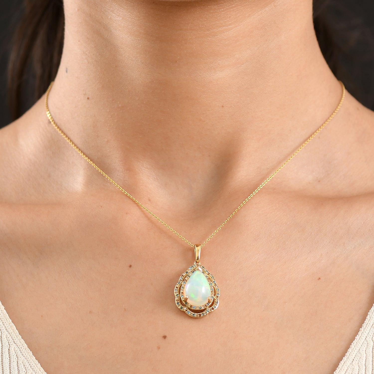 Luxuriant - Ethiopian Opal &amp; Lab Grown Multi-Diamond (SI/G-H) Pendant with Chain (Size 20) in 18K Vermeil Yellow Gold Plated Sterling Silver 4.15 Ct. V32525636 2