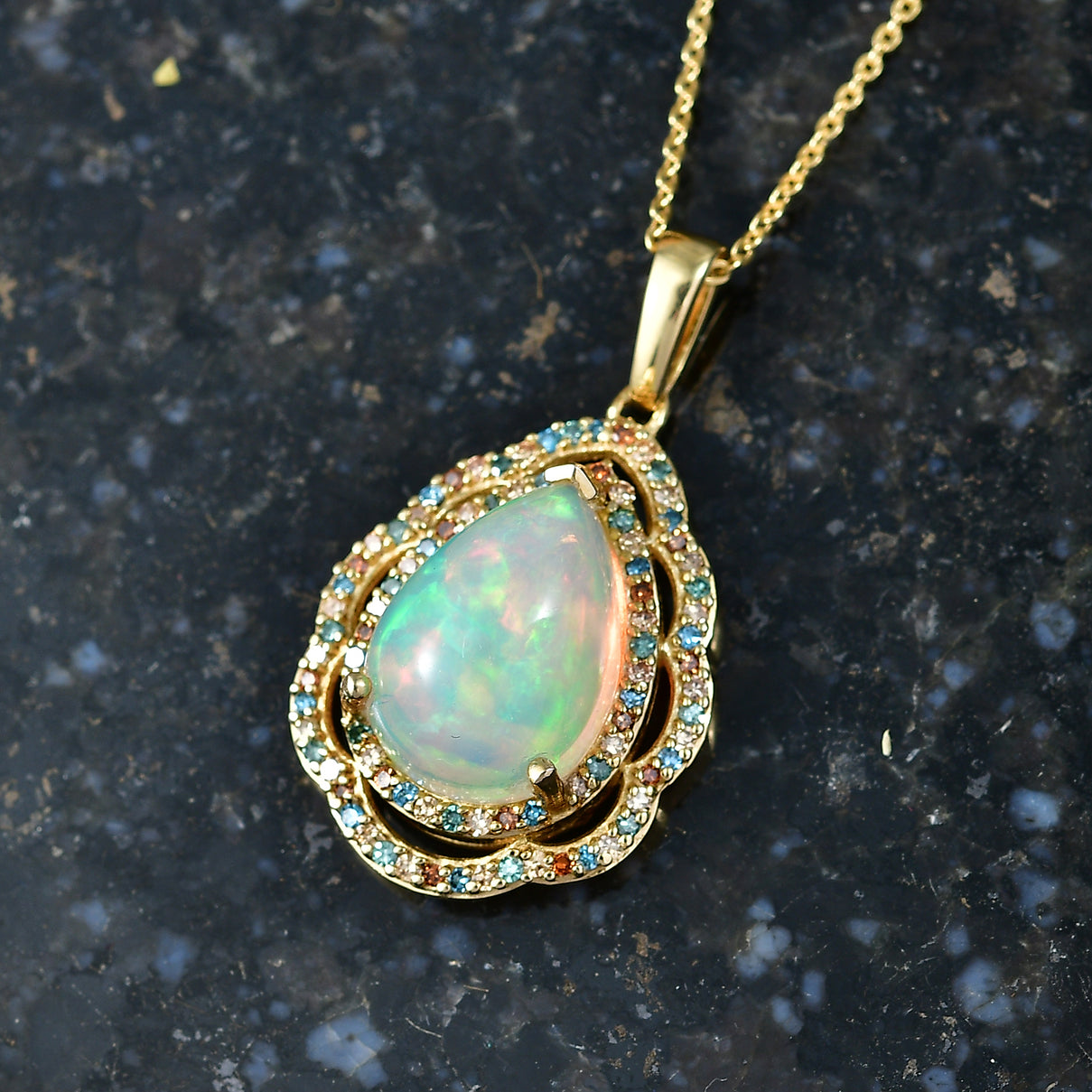 Luxuriant - Ethiopian Opal &amp; Lab Grown Multi-Diamond (SI/G-H) Pendant with Chain (Size 20) in 18K Vermeil Yellow Gold Plated Sterling Silver 4.15 Ct. V32525636 3