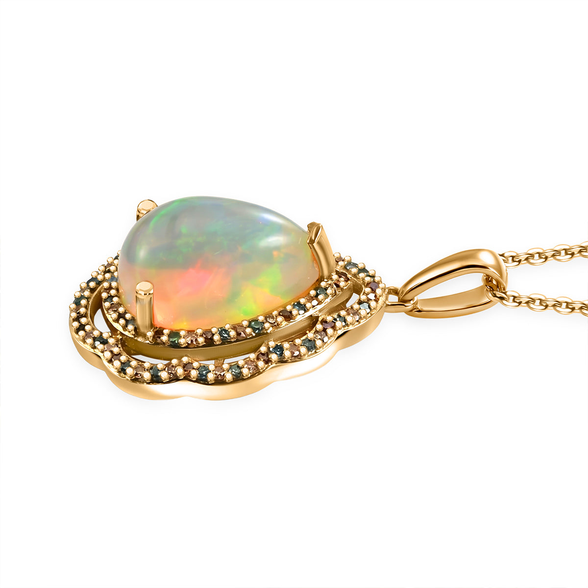 Luxuriant - Ethiopian Opal &amp; Lab Grown Multi-Diamond (SI/G-H) Pendant with Chain (Size 20) in 18K Vermeil Yellow Gold Plated Sterling Silver 4.15 Ct. V32525636 4